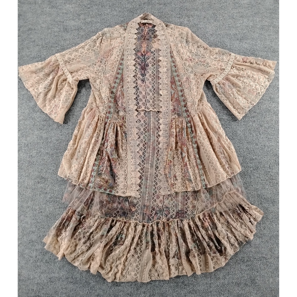 Faveur Boho Western Lace Duster Cardigan Small Sheer Floral Kimono Jacket Top